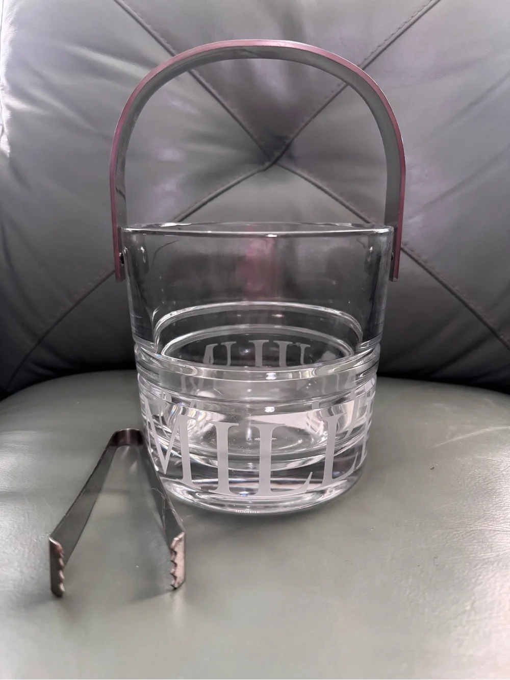 RARE Miller Rogaska Crystal Glass Ice Bucket with Silver-Toned Handle and Tongs
